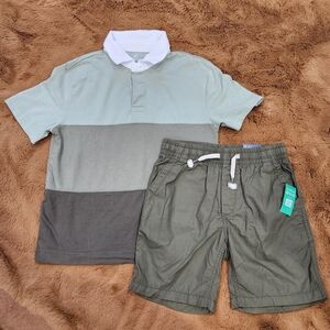 🆕️ 💙GAP Kids, Med (8), Olive Green Shorts with (EUC) Stiped Polo Shirt Greens,